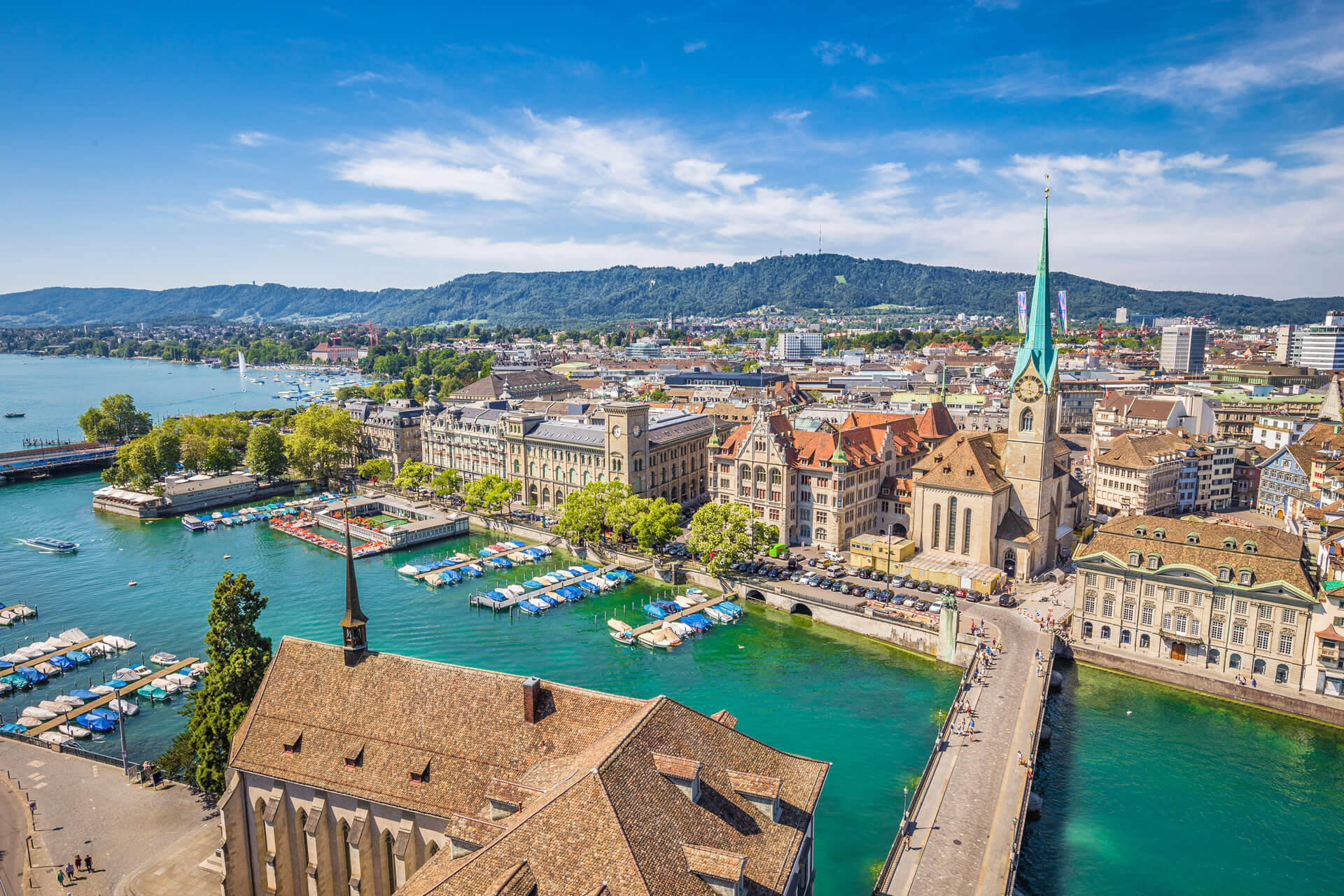 Fraumunster Church and river Limmat at Lake Zurich